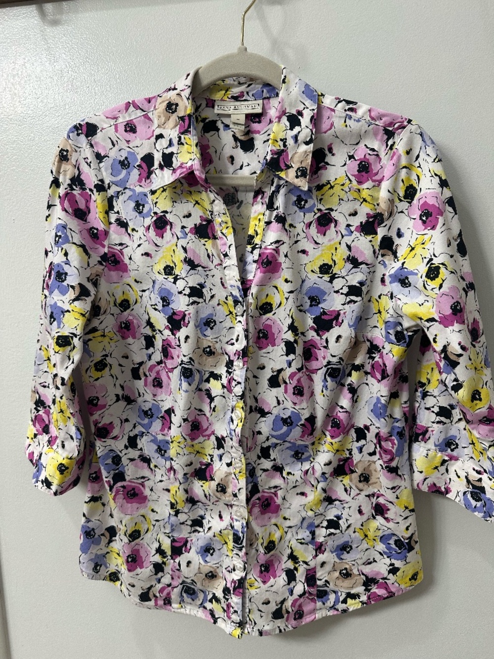 Dana Buchman Floral Button Front Top | Stretch Cotton | 3/4 Sleeve | Size M